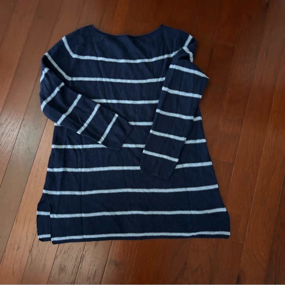 Eileen Fisher Women's Navy Striped Boat Neck Pullover Sweater Size XS wool blend - Picture 7 of 9
